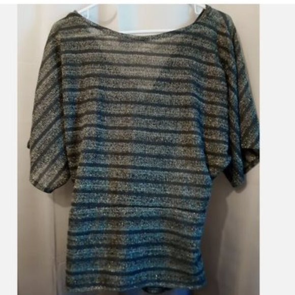 New Metallic Sheer Crochet Draped top L Blue Gold Green stripe Zippered waistban - Picture 10 of 10